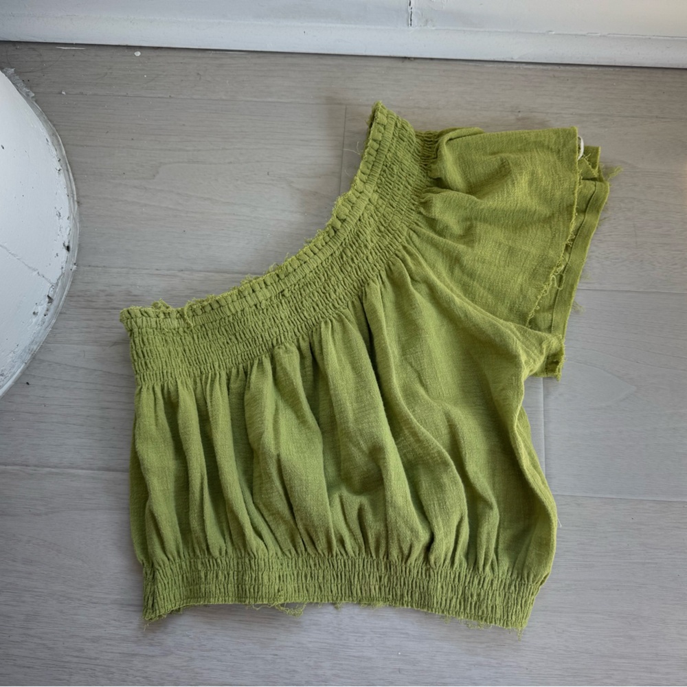 Free People One Shoulder Green Ruched Crop Top - Size XS